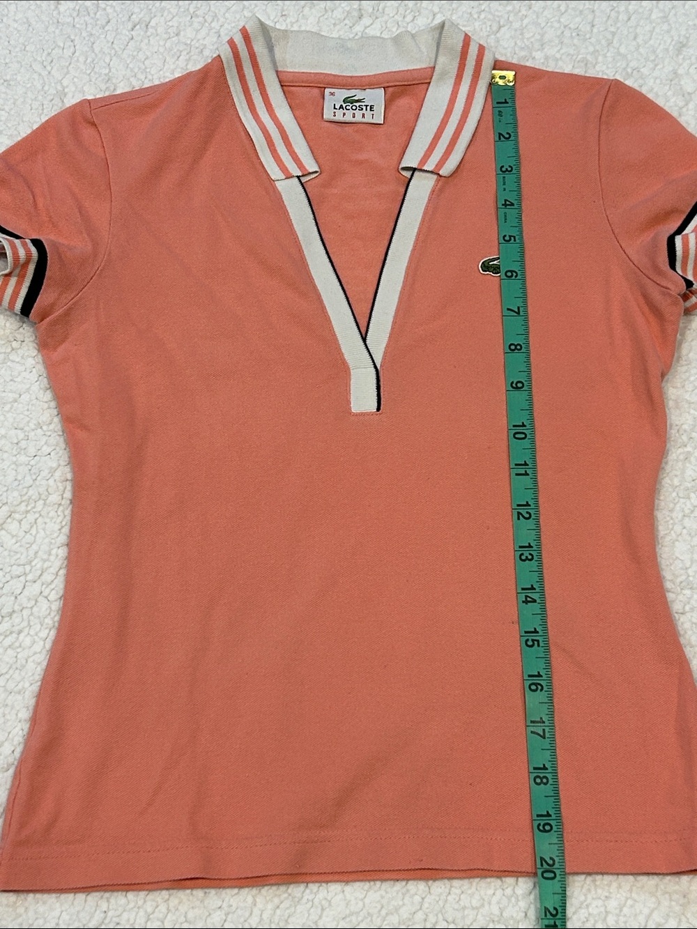Lacoste Coral Pink Deep V-Neck fitted Polo Shirt Small Striped Collar & Sleeves - Picture 16 of 16